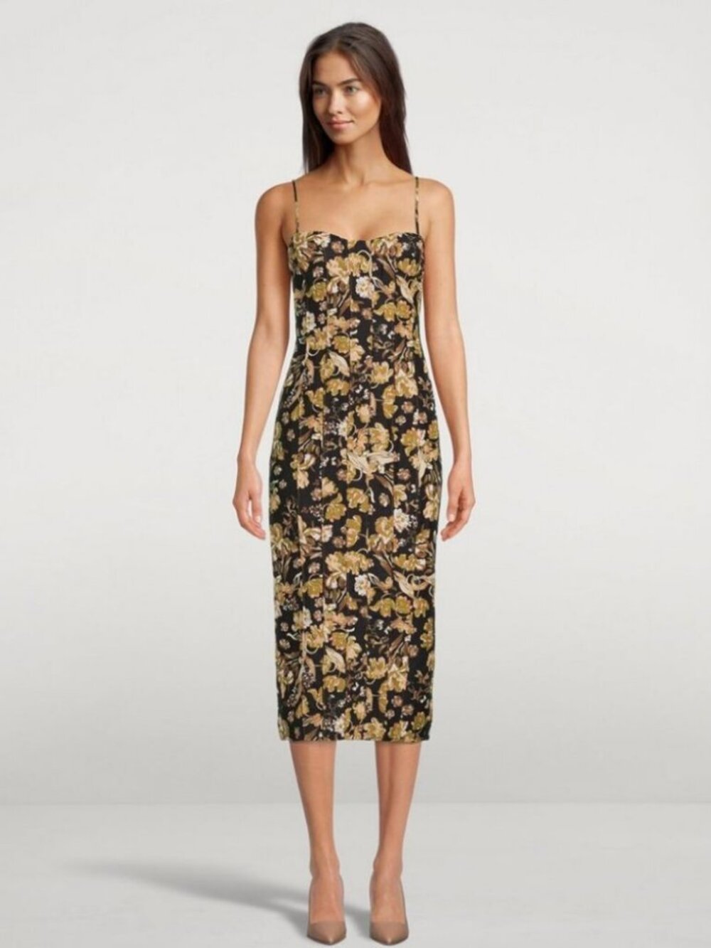 Shona Joy Palermo Fitted Midi Dress Black Multi / Size 6